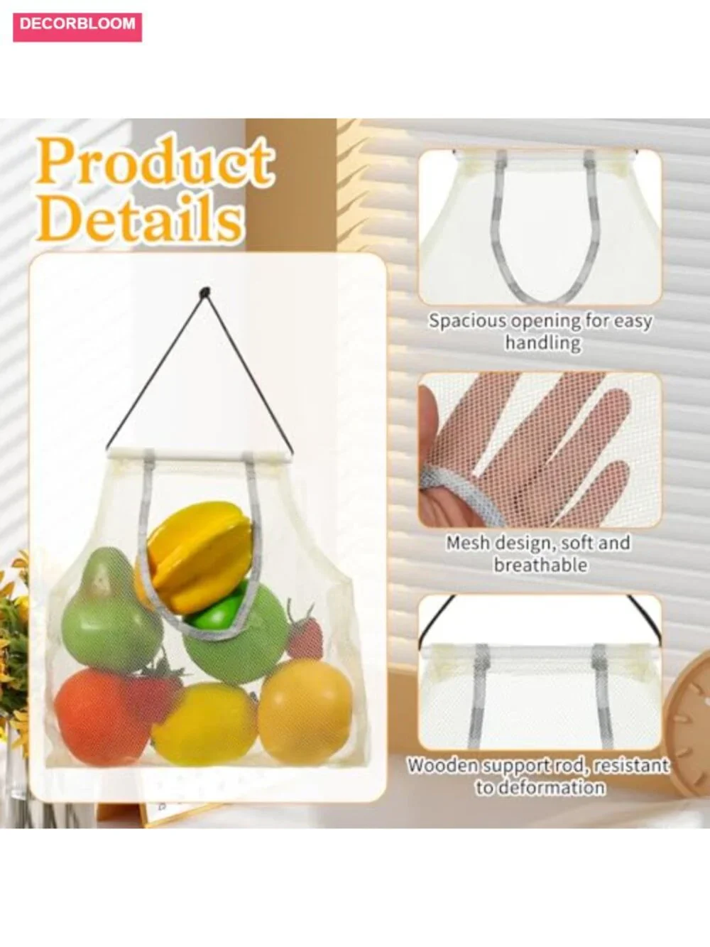 2 Pack Hanging Mesh Storage Bags for Fruits Vegetables Onions Produce